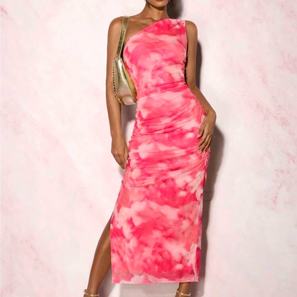 NWT SHEIN PETITE Ink Printed One Shoulder Pleated Split Maxi Dress